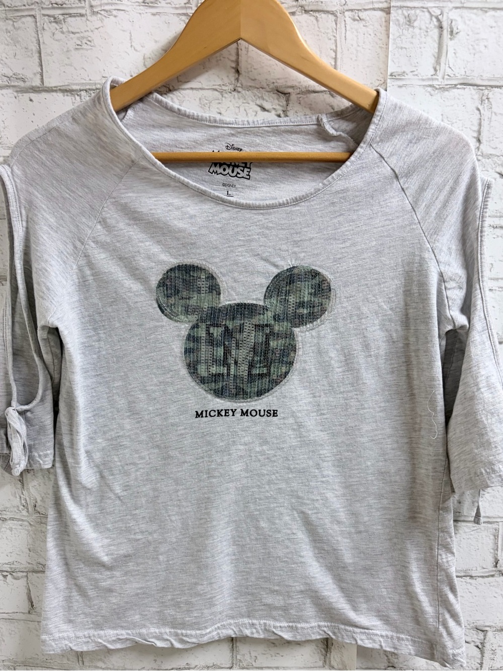 Disney Light Gray Camo Mickey Mouse 3/4 Cut Out Tee
